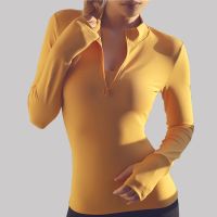 Sport Long Sleeve T Shirt Women Cropped Top Half Zipper Solid Quick Dry Gym Fitness Womens Tracksuits With Thumb Hole Workout