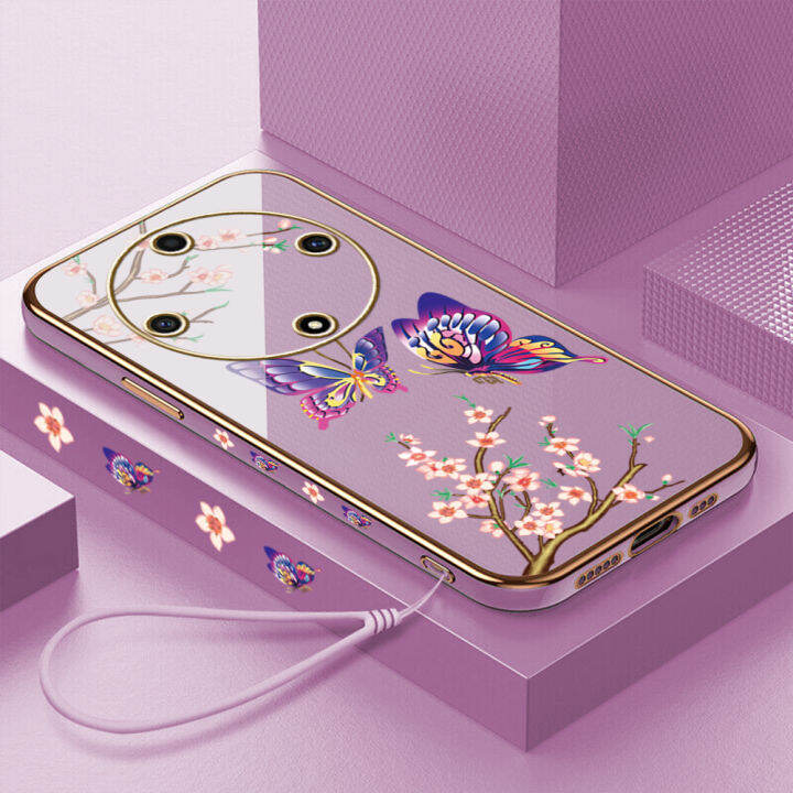 คลังสินค้าพร้อม-เคสมือถือเคสสำหรับ-honor-x9a-5g-พร้อมฟรีสายคล้อง-การ์ตูนผีเสื้อชุบขอบสี่เหลี่ยมเคลือบฝาหลังนิ่ม