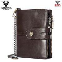 ☈ Anti-theft Wallet for Men with Iron Chain Genuine Leather RFID Blocking Credit Card Holder ID Money Bag Short Clutch Coin Pocket