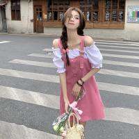 ชุดฤดูร้อนหวาน2021สีชมพูปลอมสองชิ้นชุดลำลองวินเทจ A-Line Dress