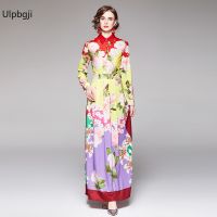 Runway Overlays Flower Maxi Dresses Womens Long Sleeve Retro Floral Print Holiday Long Pleated Vestidos