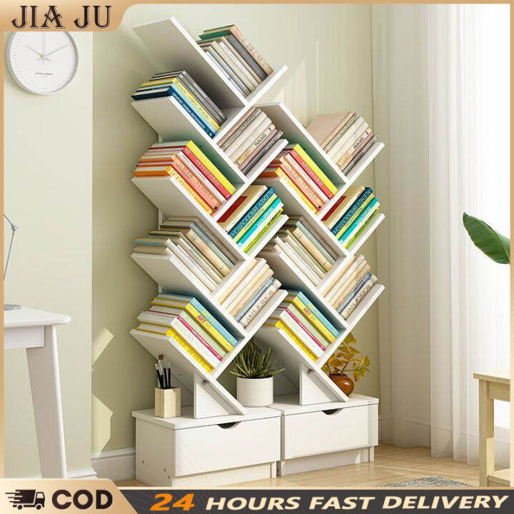JIAJU 3/5 Tier Multipurpose Wooden Rack Bookcase Storage Rack Book Shelf Modern Style Rak Buku