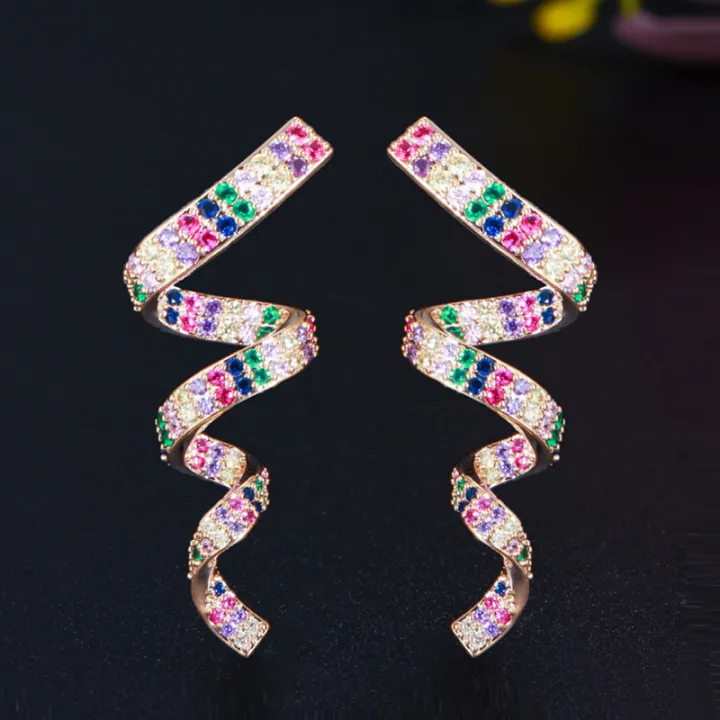 sequito-ขายร้อนชุบทองฝังเต็มรูปแบบสีสัน-cubic-zircon-ยาวเกลียวต่างหูผู้หญิงอินเทรนด์-rainbow-party-เครื่องประดับสำหรับไนท์คลับ-se632