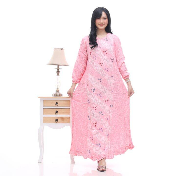 Longdress wanita kekinian 2022 - batik maxi dress warna soft KODE BND