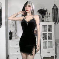 Dark CROSS ชุดมินิสีดำ VINTAGE สายสปาเก็ตตี้เซ็กซี่สูงเอว Slit เดรส Goth PARTY Club Women DRESS