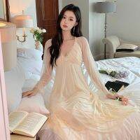 Ao Dai ใหม่ ฝรั่งเศสฤดูใบไม้ผลิและฤดูใบไม้ร่วงสาว 2023 ใหม่ตาข่ายเจ้าหญิงศาลสไตล์แขนยาว 200 กิโลกรัมชุดนอนเซ็กซี่บริสุทธิ์ปรารถนากับแผ่นหน้าอก