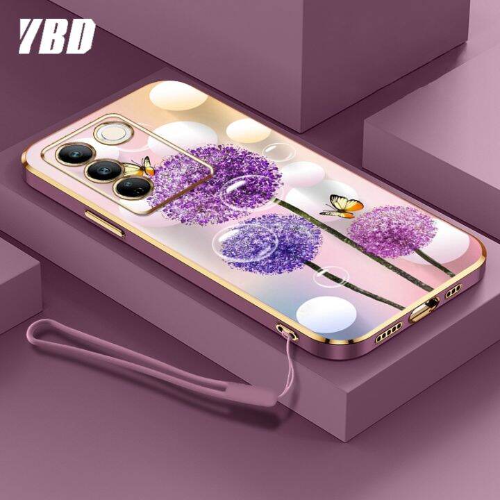 ybdเคสใหม่สำหรับ-vivo-v27e-v27-s16e-s16-s16-pro-v27-pro-เคสโทรศัพท์นิ่มชุบโครเมี่ยมสุดหรูแฟชั่นสีสันสดใสฟรีสายคล้องเคสแบบดอกไม้ผีเสื้อ