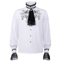 เสื้อโจรสลัดปักลายสีขาวมีระบายเสื้อแวมไพร์ Steampunk Gothic ชุดเดรสสไตล์เรเนซองส์วิคตอเรียนแวมไพร์เสื้อยุคกลางของผู้ชายเครื่องแต่งกายวันฮาโลวีน