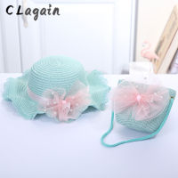 [hot]Childrens bow sunscreen hat fashion straw hat set beach visor big brim sun hat set (hat + bag)