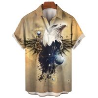 3D printed summer mens short sleeved Hawaiian style shirt with lapel single breasted loose fitting fashion casual eagle pattern