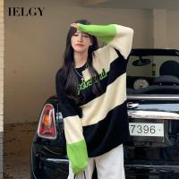 IELGY เสื้อสเวตเตอร์ผู้หญิงแบบสวมหัว,เสื้อสเวตเตอร์สีต่อกันเสื้อสเวตเตอร์ทรงหลวมสไตล์เกาหลี