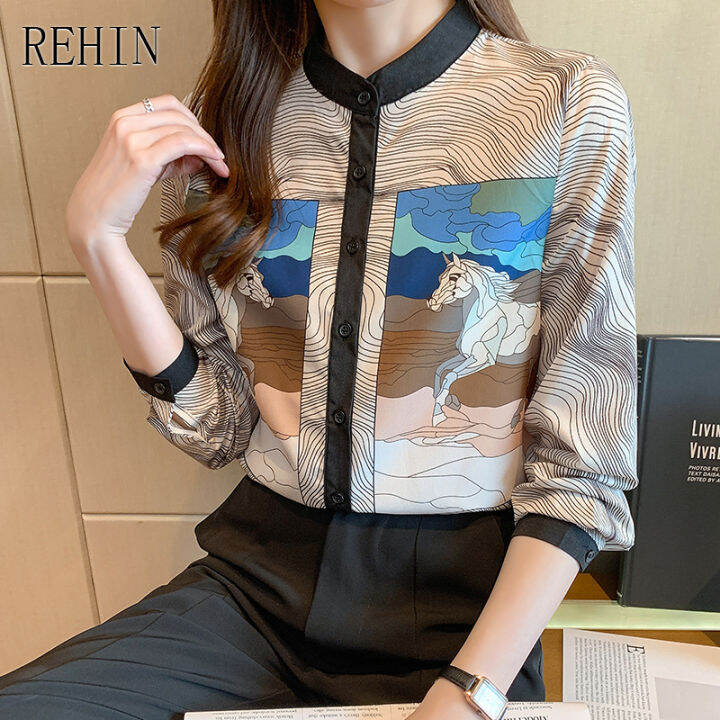 rehin-ของผู้หญิงฤดูใบไม้ร่วงใหม่ลำลองชนยืนปกเสื้อแขนยาวซอกพิมพ์เสื้อหรูหรา