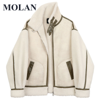 MOLAN Loose Woman Spring Jacket Coat Leather Patchwork Streetwear Lambs Wool Tutleneck Korean Fashion Female Fashion Outwear