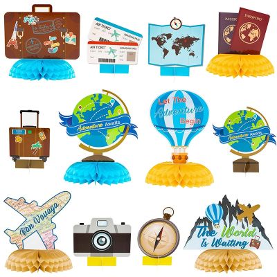 12Pcs Travel Themed Honeycomb Party Centerpieces Kids Favor Photo Props Traveling Around The World Voyage Table Toppers Decor