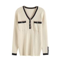 【มีไซส์ใหญ่】Plus Size Womens V--neck Knitted Black Beige Sweaters Long Sleeved Casual Stretchable Winter Pullovers Oversized Slim Pullovers