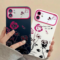 เคส RouJiang สำหรับ iPhone 15 14 13 12 11 Pro Max X XR Xs Max 8 7 6S Plus SE 2020 INS เลนส์กุหลาบบรรยากาศที่เรียบง่ายเคสโทรศัพท์หน้าต่างขนาดใหญ่