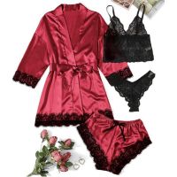 【4-Piece Set ชุดนอนผ้าซาติน ชุดนอนเซ็กซี่ไซส์ใหญ่ Lace Lace Spaghetti-Strap Pajamas ชุดนอนผ้าไหมลูกไม้ สุดเซ็กซี่ สำหรับผู้หญิง พร้อมส่ง