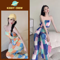 Kiddy Crew เสื้อลายสก๊อตไม่มีสายหนัง กางเกงขากว้างเอวสูงผู้หญิง สไตล์เท่ ผอมเพรียว เบาสบายสไตล์ลำลอง