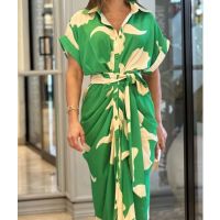 【CW】☸◑  HOUZHOU Print Lapel Short Sleeve Row Tie Up Pleated Design Shirt Dresses Female