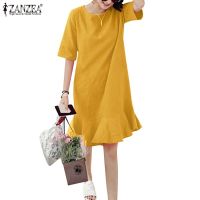 COD DSTGRTYTRUYUY ZANZEA Women Korean Casual Short Sleeve O Neck Ruffle Holiday Beach Mini Dress