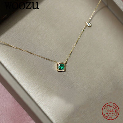 WOOZU 925 Sterling Silver Square Green Zircon Clavicle Charm Pendant Necklace for Women Wedding 14k Gold Plated Jewelry Gift