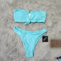 บิกินี่ bikini สีมิ้น ( เป็นเกาะอกทรงวี )มีฟองน้ำ ป้ายซาฟูล มือ1