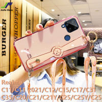 JieFie สำหรับ Realme C15 / C12 / C11 / C17 / C35 / C21Y / C25Y / C31 / C21 / C25 / C25S / C11 2021 เคสโทรศัพท์หรูหราชุบโครเมี่ยมซิลิโคนที่มีสีสันโทรศัพท์ + สายรัดข้อมือเชือกผู้ถือ