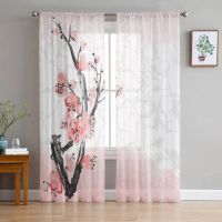 Pink Flower Cherry Blossoms White Tulle Curtains for Living Room Bedroom Decoration Chiffon Sheer Voile Kitchen Window Curtain