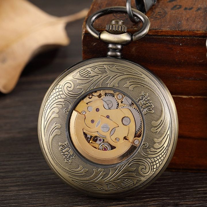 โซ่จี้นาฬิกาไอน้ำนาฬิกาพอคเก็ตชายกลไกลมมือโครงกระดูกทองแดงโบราณมีตัวเลขอารบิก