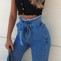 Blue Large Plus Size Sashes High Waist Boyfriend Jeans For