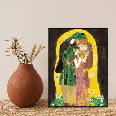 ศิลปินคลาสสิก Klimt แรงบันดาลใจการวาดภาพจูบบนผ้าใบโปสเตอร์ที่มีชื่อเสียงและภาพศิลปะบนผนังสำหรับห้องนั่งเล่นการตกแต่งบ้าน