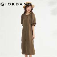 GIORDANO Women Dresses Tie Waist Button Closure Fashion Dresses Puff Sleeve Crewneck Summer Relaxed Casual Dresses 18463708