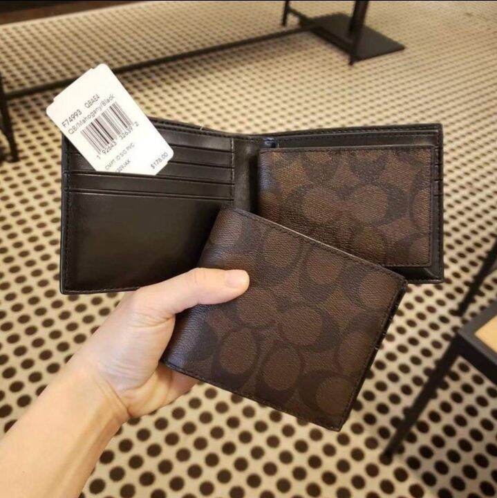 Coach Men's Wallet F74993 Compact Id In Signature Canvas Brown