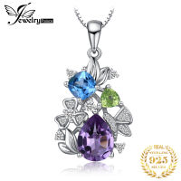 JewelryPalace Natural Amethyst Blue Topaz Peridot Chrome Diopside Flower Pendant Necklace 925 Sterling Silver Women No Chain