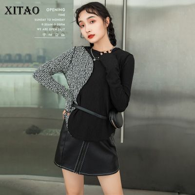XITAO T-shirt Black Striped Stitching Fashion Long Sleeve Woman T Shirts