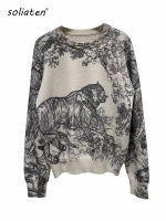 2023 Spring Women Casual Style Animal Pattern Printing Pullover Sweater Classic Crew Neck Knit Tops C-0692023