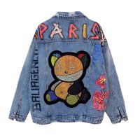 ZZOOI Spring and Autumn Bear Diamonds Denim Jackets for Women Pearl Letter Jean Coats and Jackets Oversize Streetwear Woman