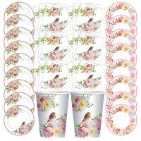 Pink Flower Disposable Tableware Set Rose Flower Garland Bird Plates Cups Bachelorette Party Wedding Girls Birthday Party Suppli