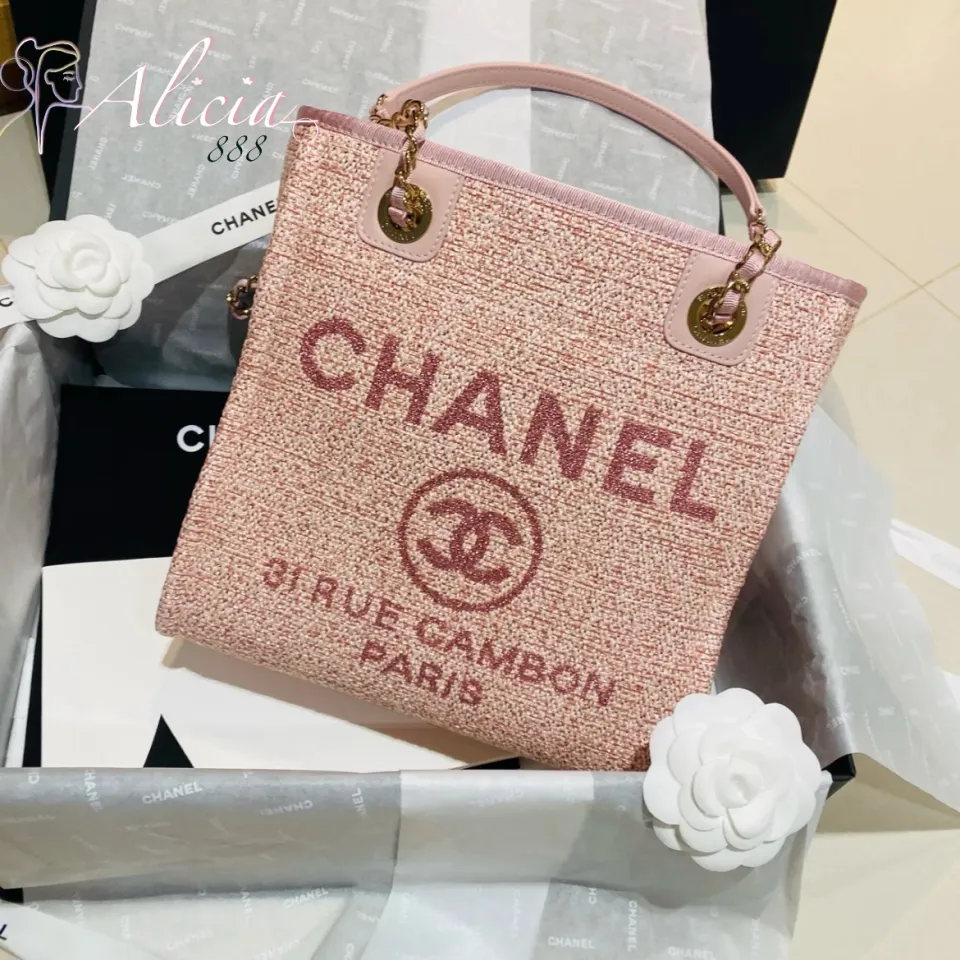Chanel Small Deauville Shopping Bag Grey and Pink Tropical Floral