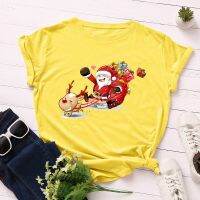 COD เสื้อยืด Santas Elk Printed Cotton Short-sleeved Women T-shirt Casual Soft Female T Shirt Women Christmas