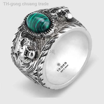 【แหวน】 Gujia Retro 925 Sterling Silver Ring Made of Old Men and Womens Couples Double G Skeleton Head Enamel Tiger Head