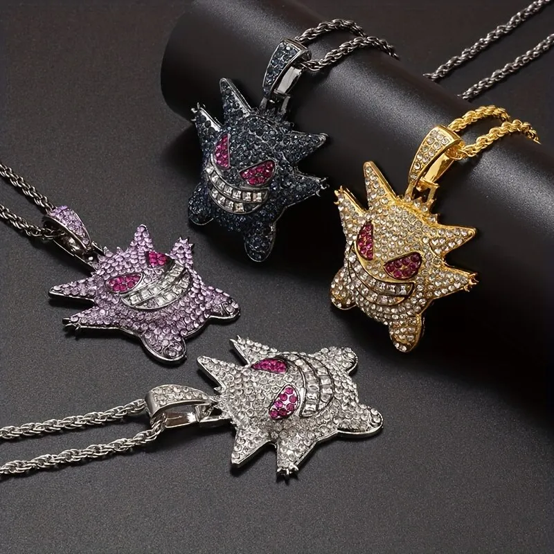 Hip Hop Rhinestone Zircon Anime Characters Pendant Necklace for Men  Personality Rock Rap Jewelry Gift