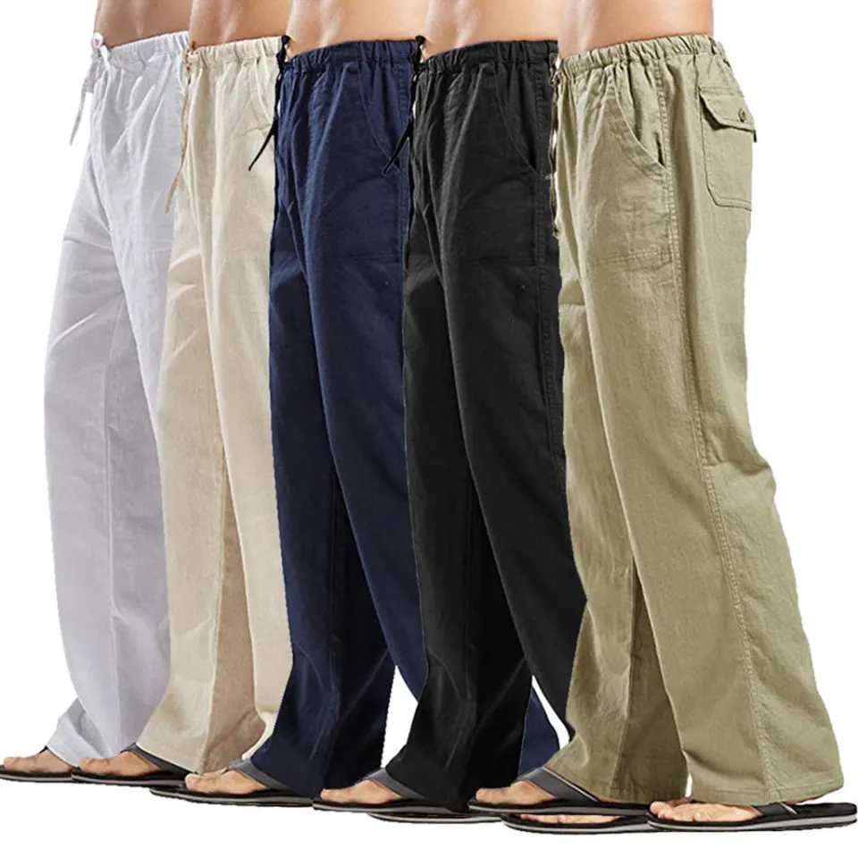 Summer Men Solid Color Linen Multi-pocket Straight Casual Pants