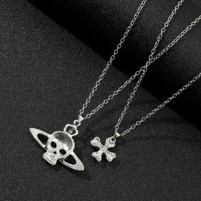 Fashion Rhinestone Skull Cross Saturn Silver Color Metal Necklace Retro Punk Women Mens Party Pendant Jewelry Accessori