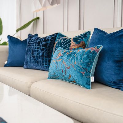 European style Flocking Embroidery Velvet Cushion Cover Luxury European Pillow Cover Blue PillowCase Geometry Home Decorative Sofa Throw Pillow