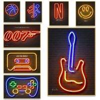 Gamer Neon Light Poster and Prints Retro Audio Cassette Guitar Basketball Canvas Painting for Boy Room Wall Art Decoration Mural