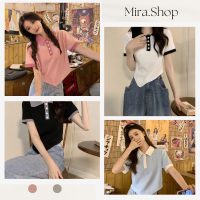 Mira_shop เสื้อไหมพรมคอปก กระดุมหน้าสไตล์เกาหลี เสื้อยืด  83120#