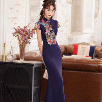 ฤดูใบไม้ร่วงระดับไฮเอนด์เดินแบบแคทวอล์ค Cheongsam แสดงยาวกระโปรงหางปลาสไตล์จีนแสดงผอมบวกขนาดยืดหยุ่นและชุดร้องประสานเสียงที่สง่างาม