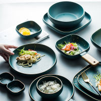 Luxury Retro Green Dinner Plates Set Dinner Marble Glazes Ceramic Party Tableware Set Kitchen Dishes Soup Bowl Cup Dinnerware