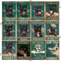 Metal Tin Sign Vintage Cool Black Cat Coffee Bar Decoration Drinking Iron Plaque Plate Toilet Bathroom Restroom Home Wall Decor